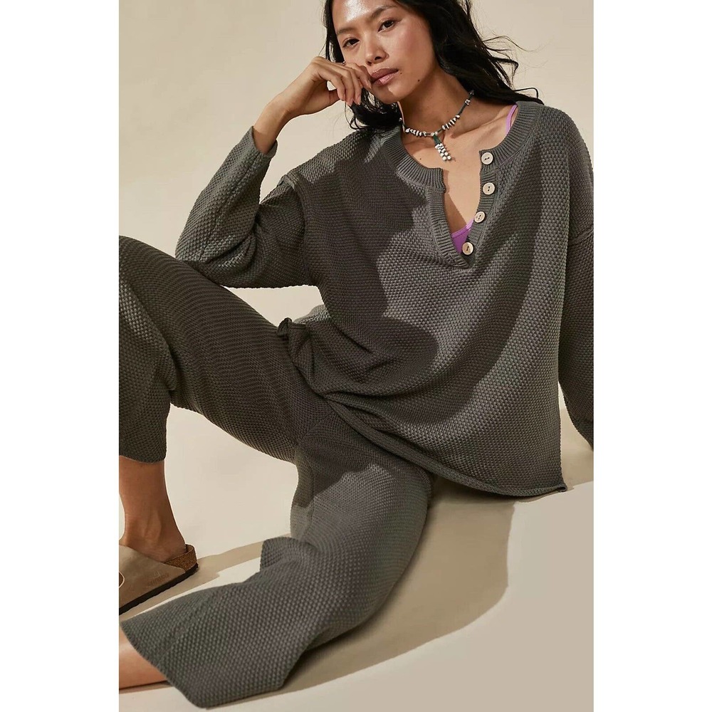 Free People Haliee Set in Pewter Size Large Waffle Knit Pants Top